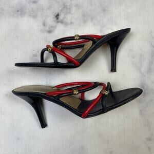 St. John Navy Red Strappy Leather Heeled Sandals Slide Gold Logo Accents Sz 6.5